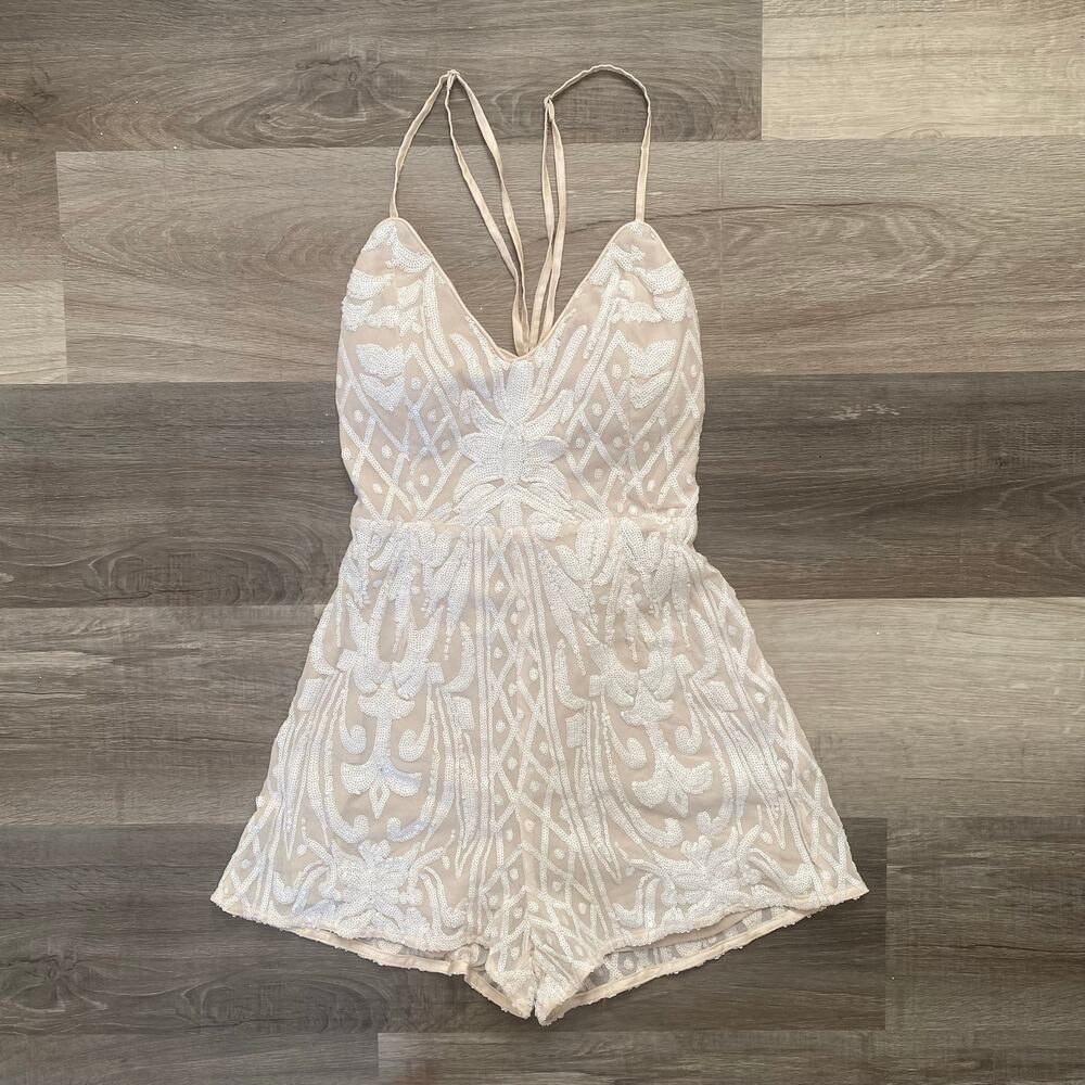 Lulus Nude Sequin Romper, Spaghetti Strap Crossback, Junior Medium, Zip Closure